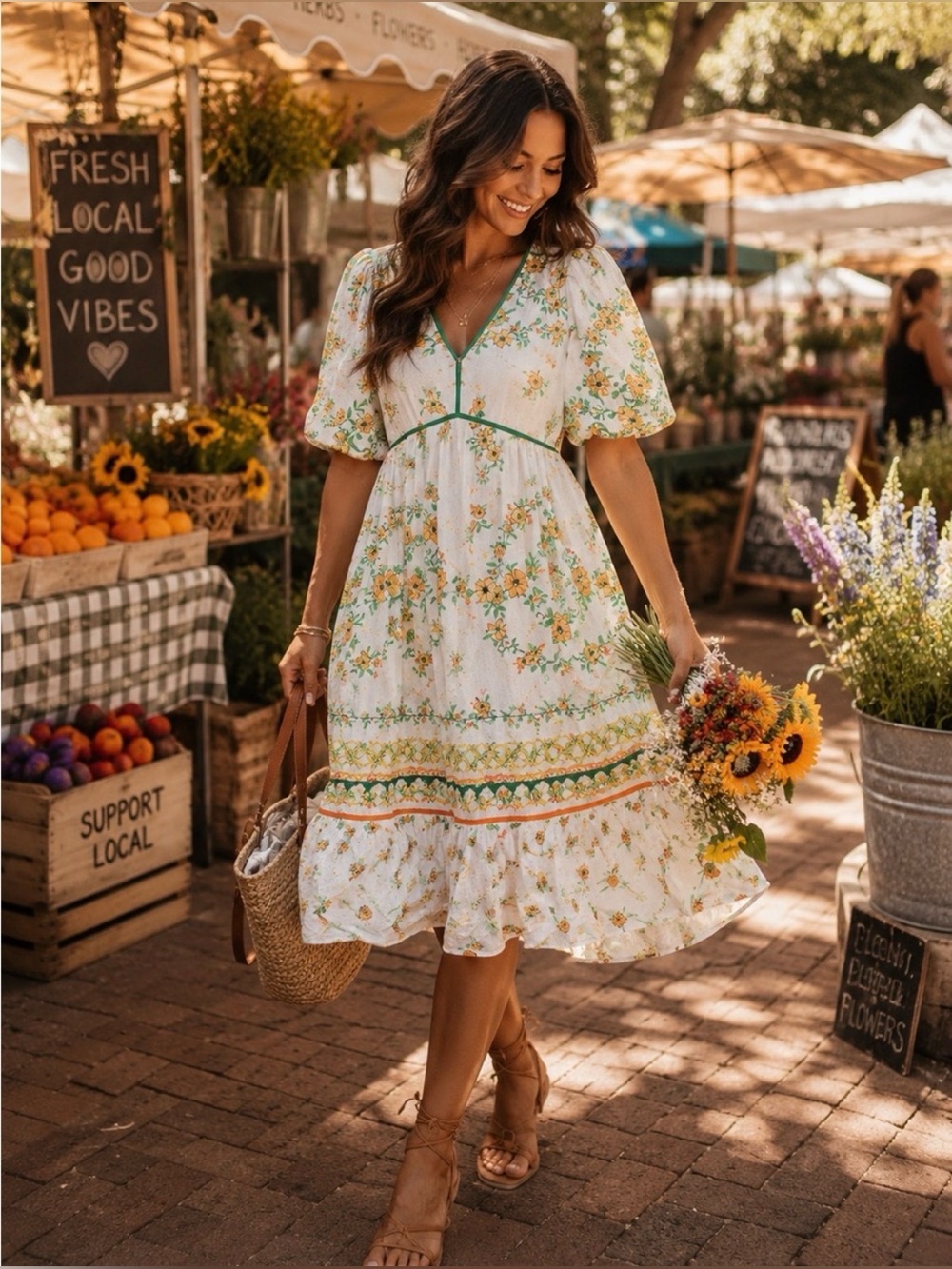 Anthropologie By Fig And Flower Boho Linen Blend Puff Sleeve Midi Dress Size L